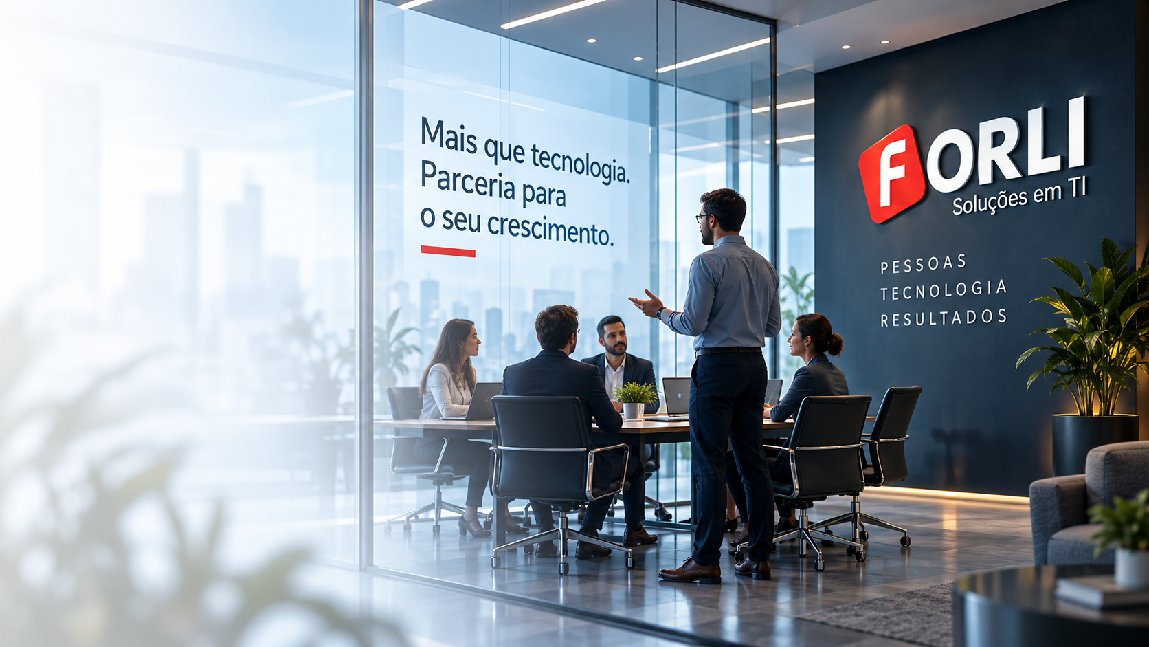 Reunião estratégica da equipe Forli em um escritório moderno com a marca da empresa